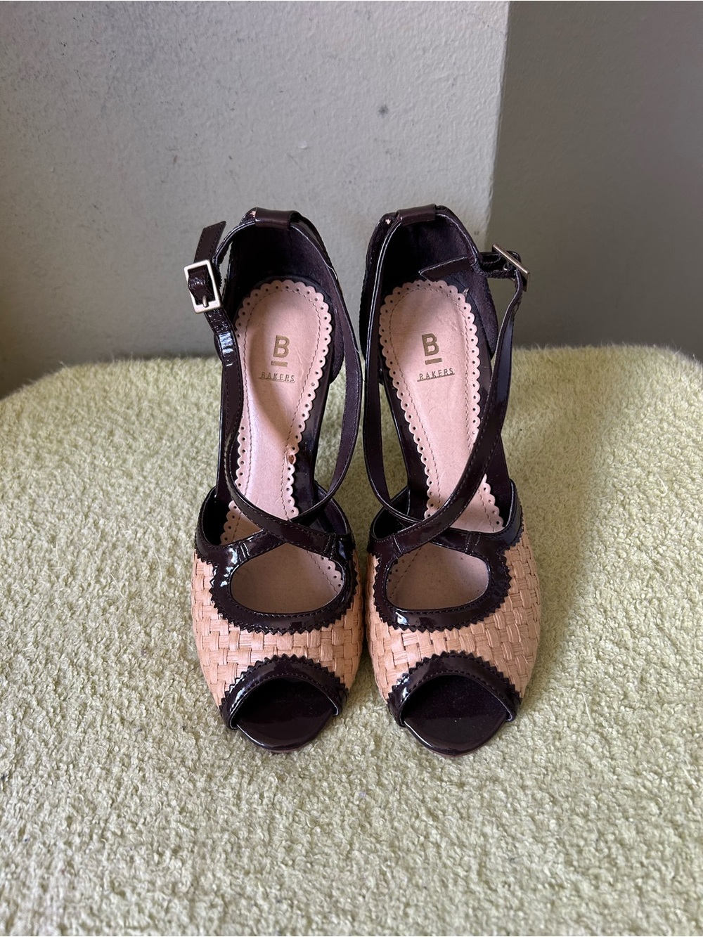 Bakers Leather Patent Trim  and Tan Woven Peep-Toe Ankle Strap Heels 5.5